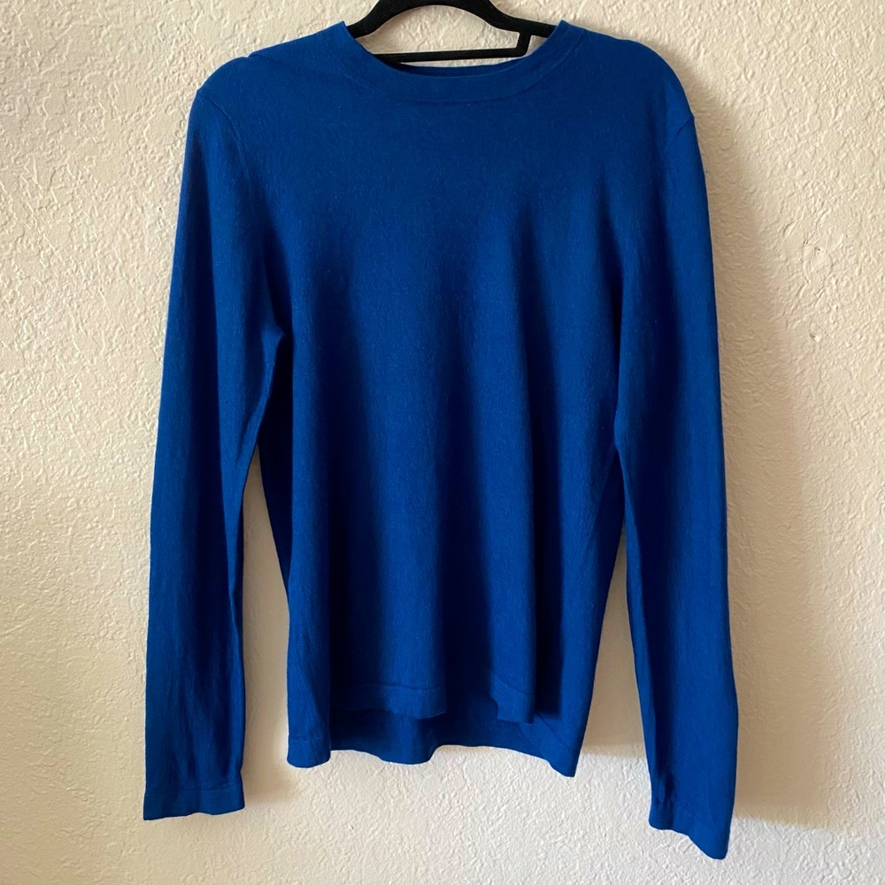 Neiman Marcus $250 Scoop Neck Sweater Size L Blue Silk Cashmere Sweater Weather - Picture 2 of 8